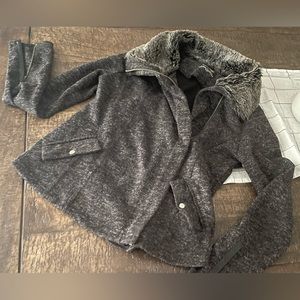 Calvin Klein dark grey zippered top with fur collar size small